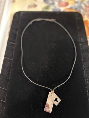 Like new Stainless Steel Cross & Tag Pendant Adjustable Rope Necklace Unisex